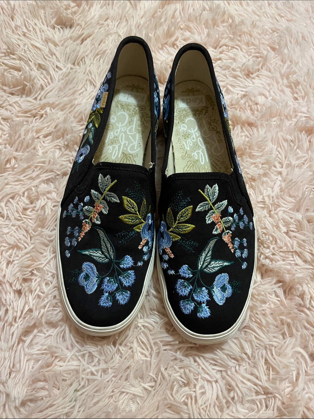 Keds Black Slip-On Flats with Blue Floral Embroidery